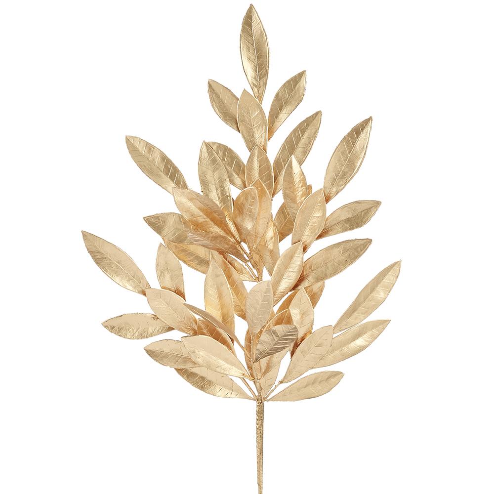 24 inch gold bay leaf spray with shimmering metallic finish and multiple leaves on a single stem.