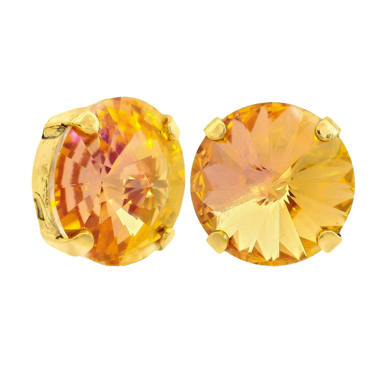 Antique gold-plated stud earrings with large round crystals on surgical steel posts.