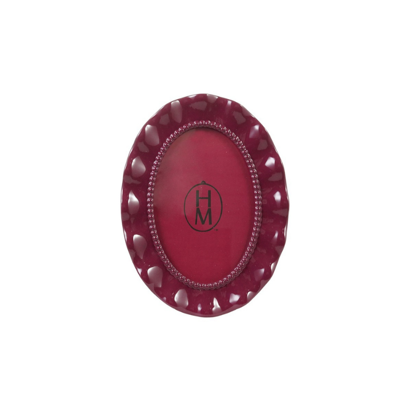 Oval burgundy resin photo frame with a wavy scalloped edge and beaded inner border.