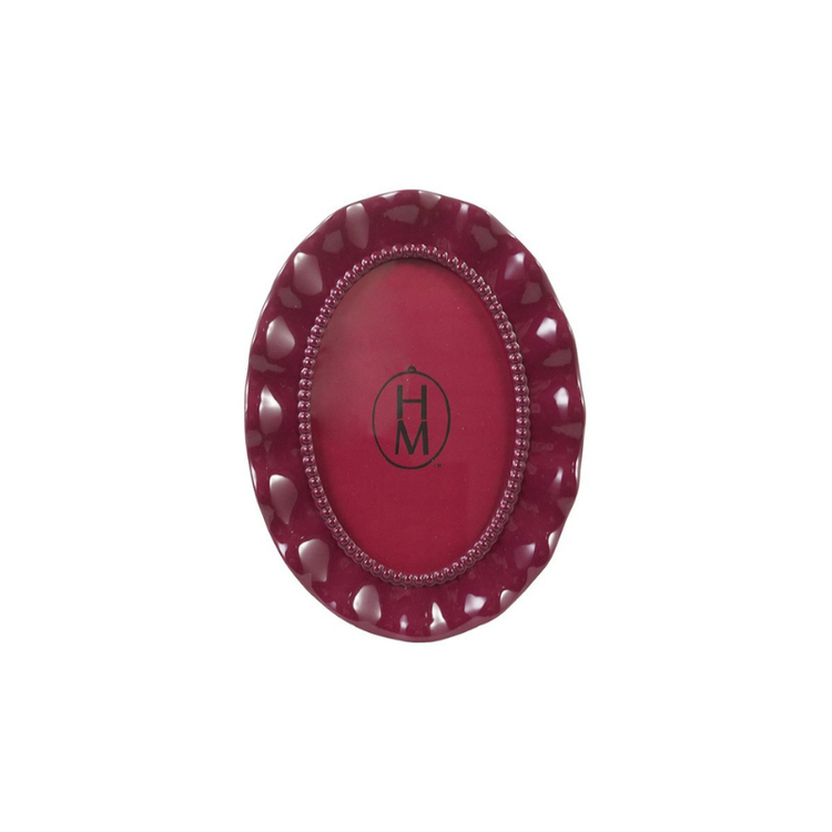 Oval burgundy resin photo frame with a wavy scalloped edge and beaded inner border.