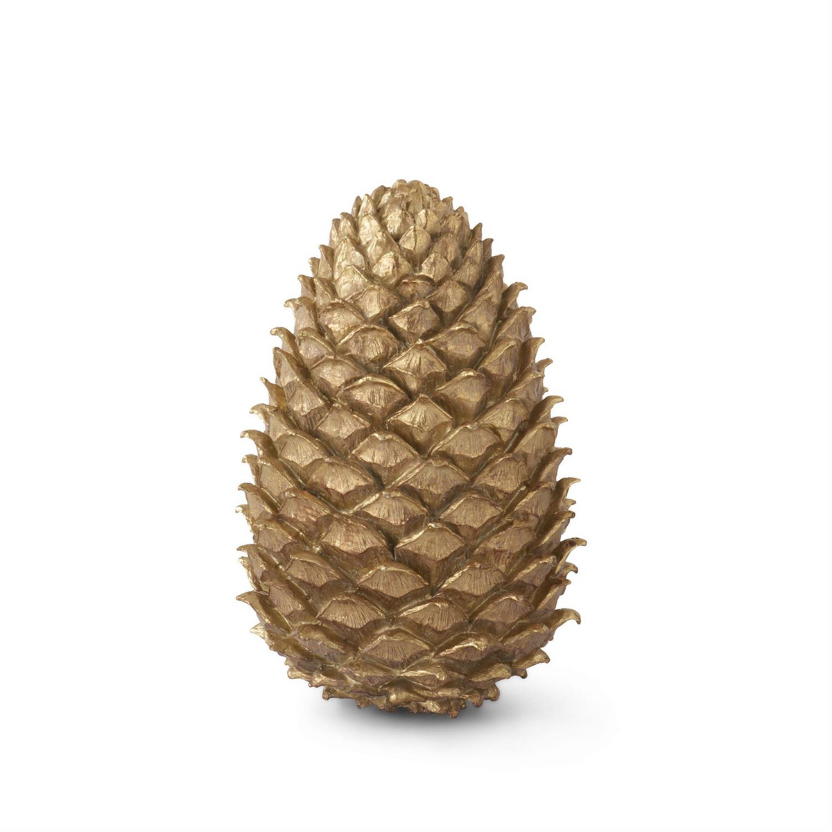 12.75 inch gold resin pinecone decorative sculpture on a white background.