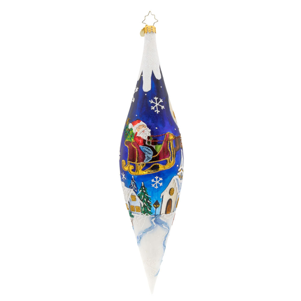 Moonlight Sleigh Ride Icicle glass ornament featuring Santa in a sleigh over a winter village.