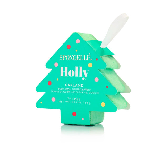 Holiday Tree Ornament Body Wash Infused Buffer shaped like a green Christmas tree with hanging ribbon.