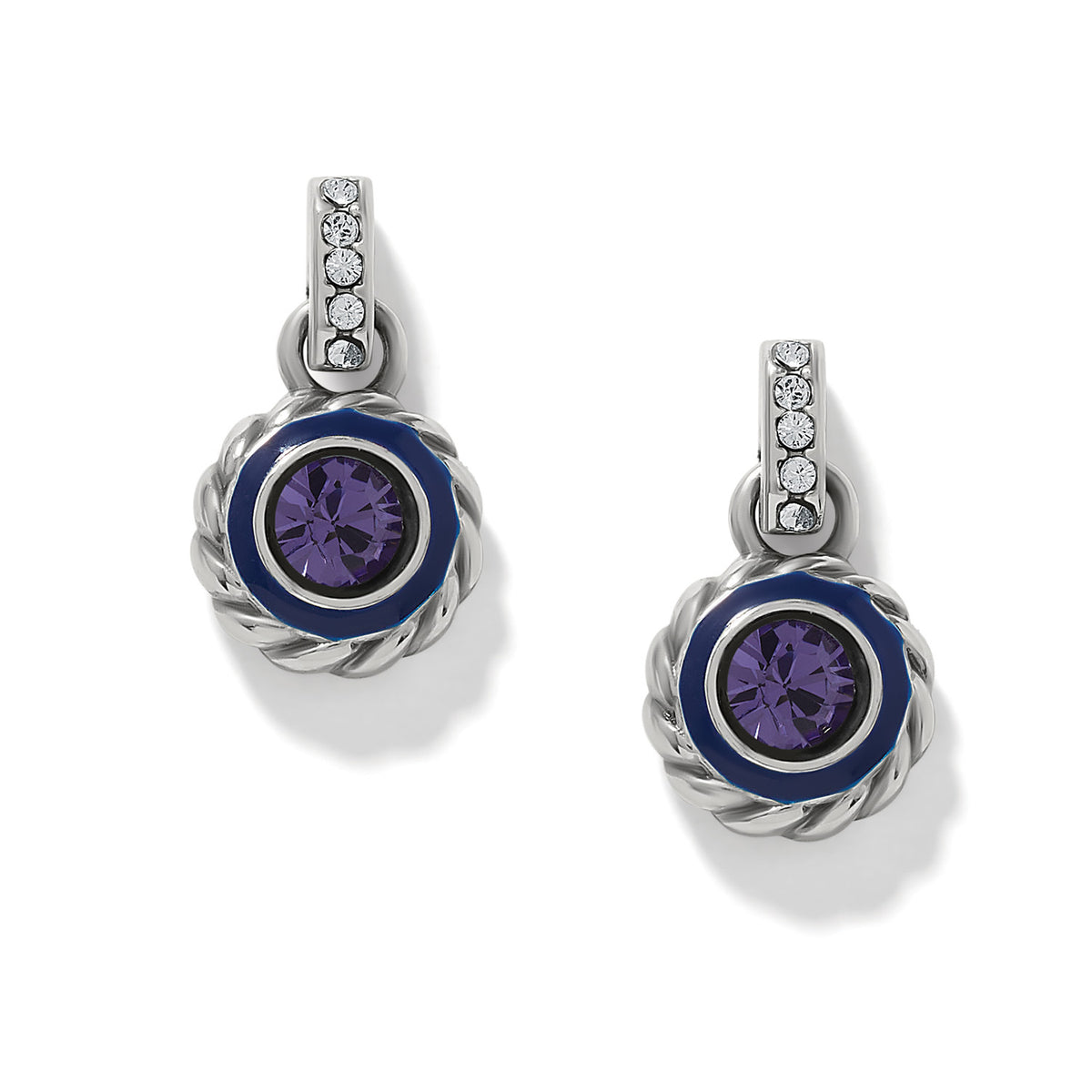 Halo Gemma Petite Round Post Drop Earrings in silver with tanzanite crystals and blue enamel.