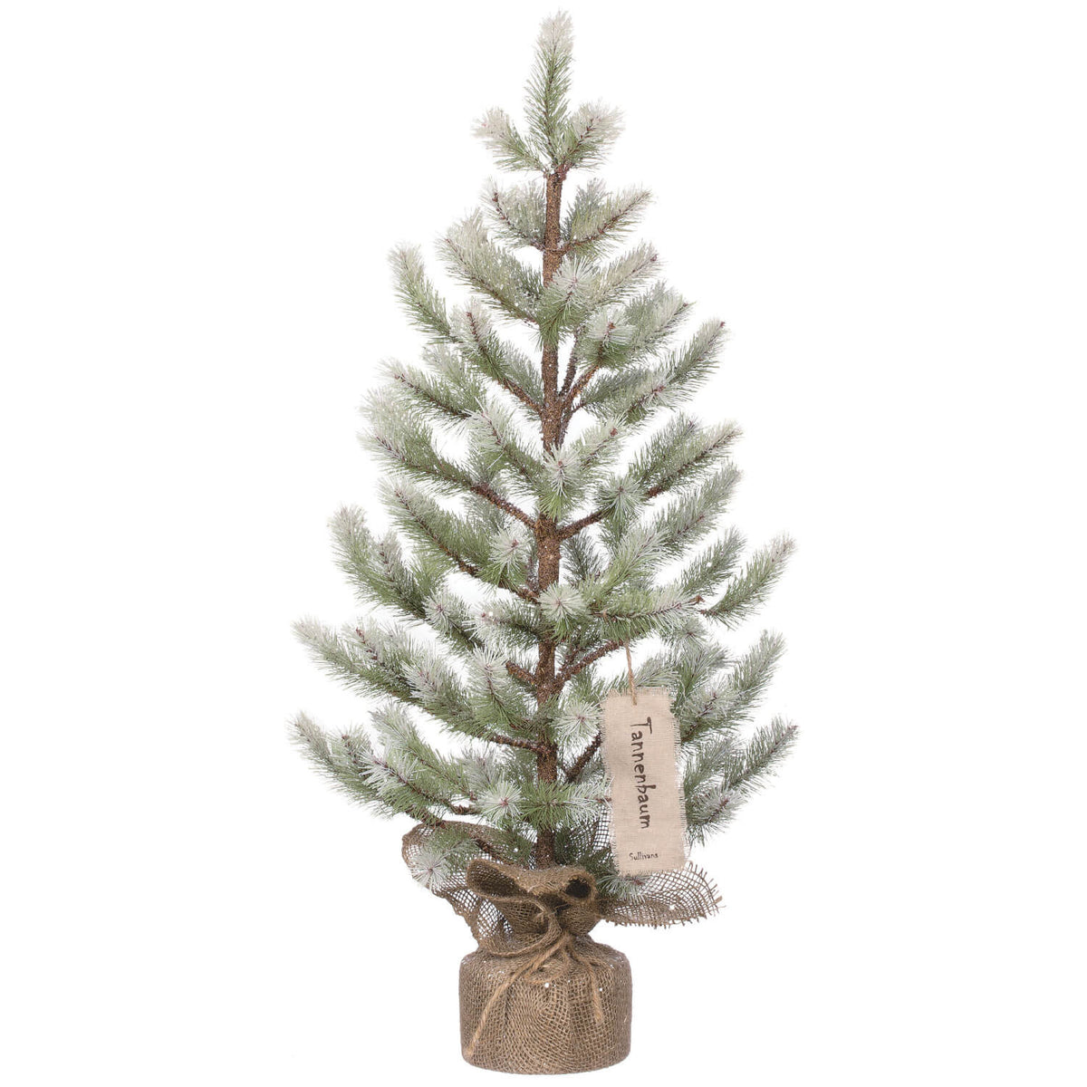 Frosted pine tree ornament with a white glittery finish on a dark green silhouette.