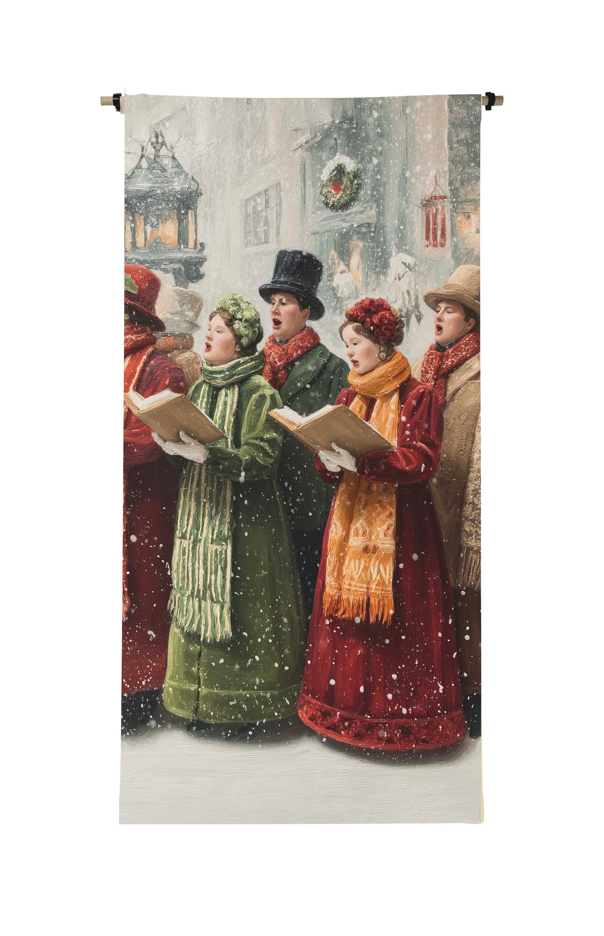 Vertical canvas scroll featuring a painting of Victorian-style carollers singing in the snow.