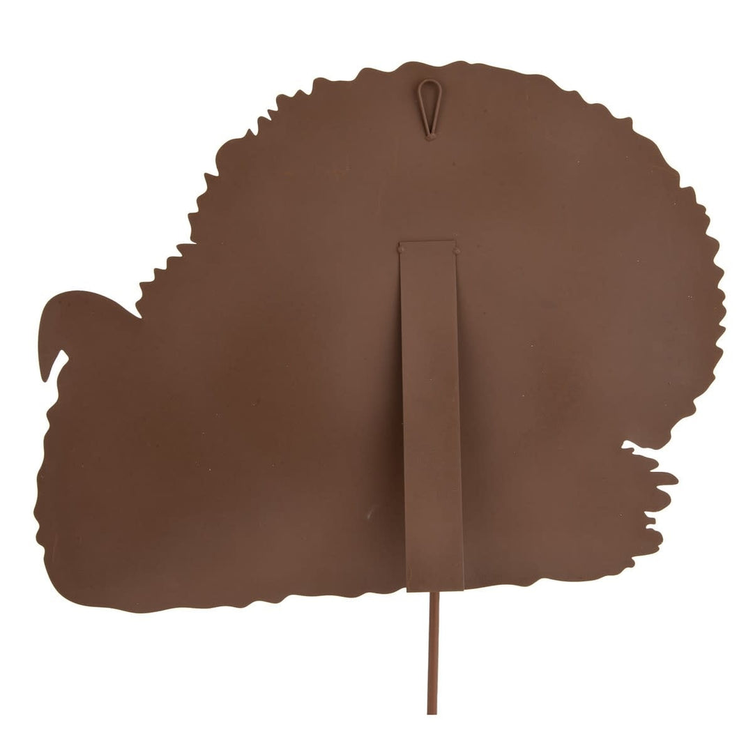 Traditional turkey fall decoration with natural brown feathers on a wooden stake base.