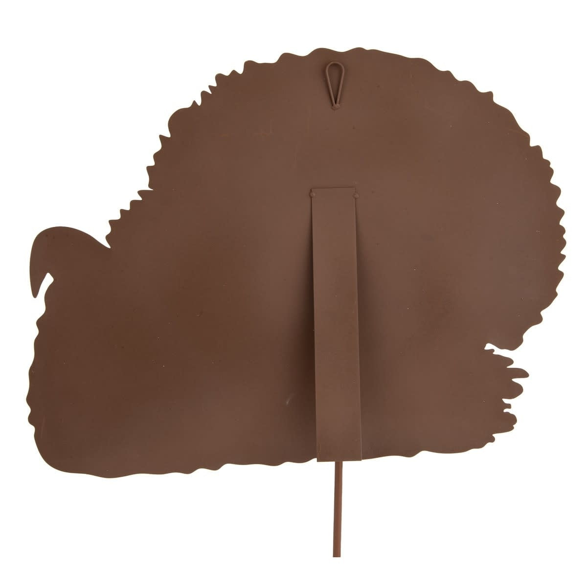 Traditional turkey fall decoration with natural brown feathers on a wooden stake base.