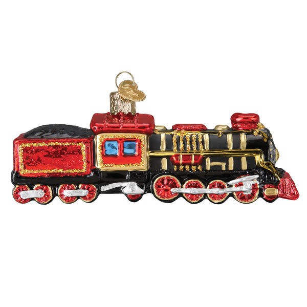 Black steam locomotive train ornament with gold accents on a white background.