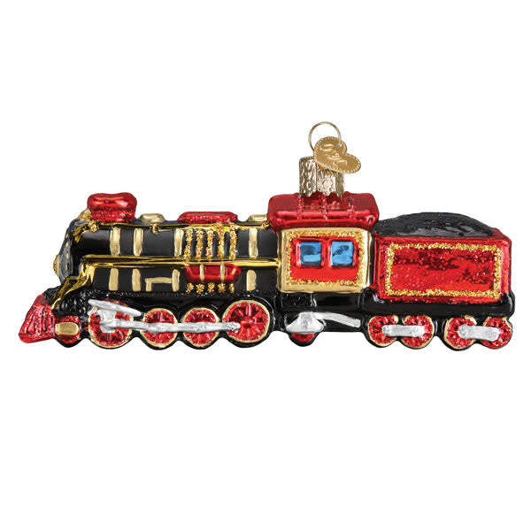 Red steam locomotive train ornament with black wheels on a white background.