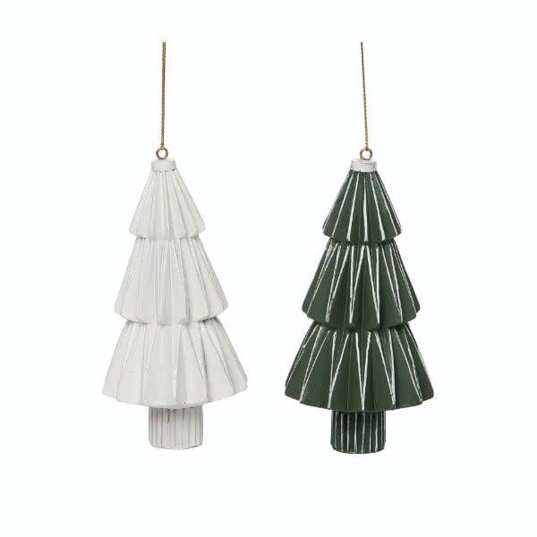 Folded tree-shaped Christmas ornament in white with green accents.