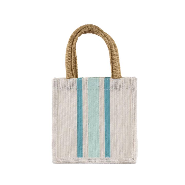 White petite gift tote bag with turquoise handles in a compact rectangular shape.