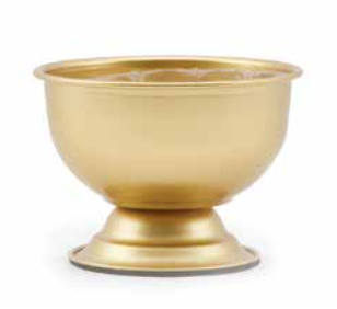 Round gold metal urn with a smooth cylindrical shape.