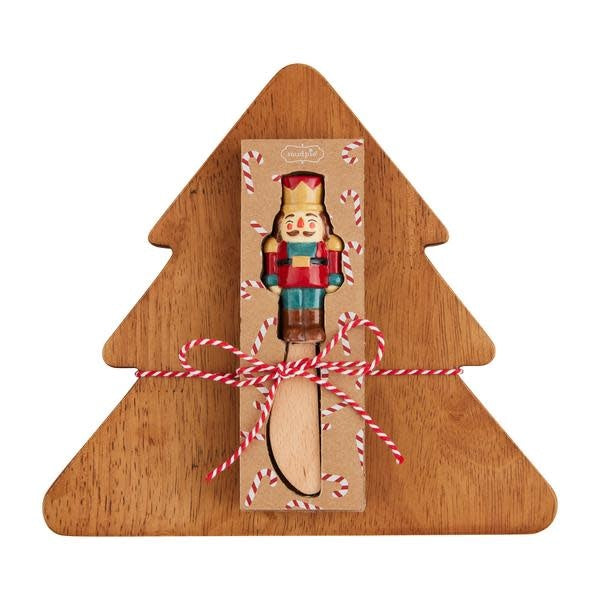Wooden pine tree-shaped board with ceramic figural handle spreader