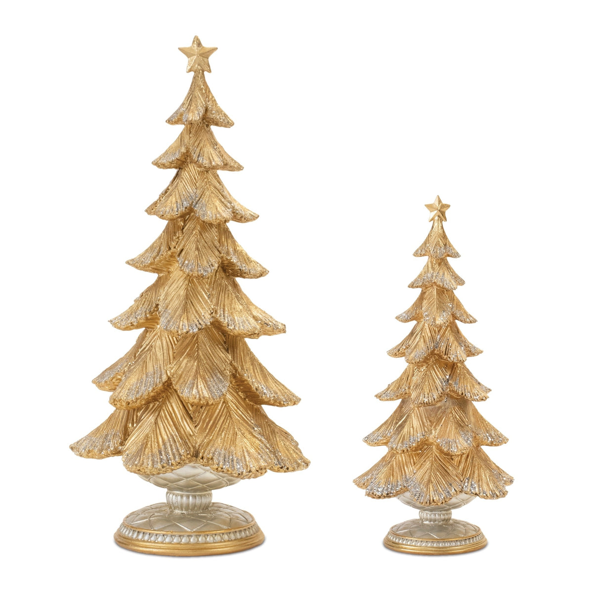 Set of two Melrose International tree resin ornaments in dark brown with gold accents.