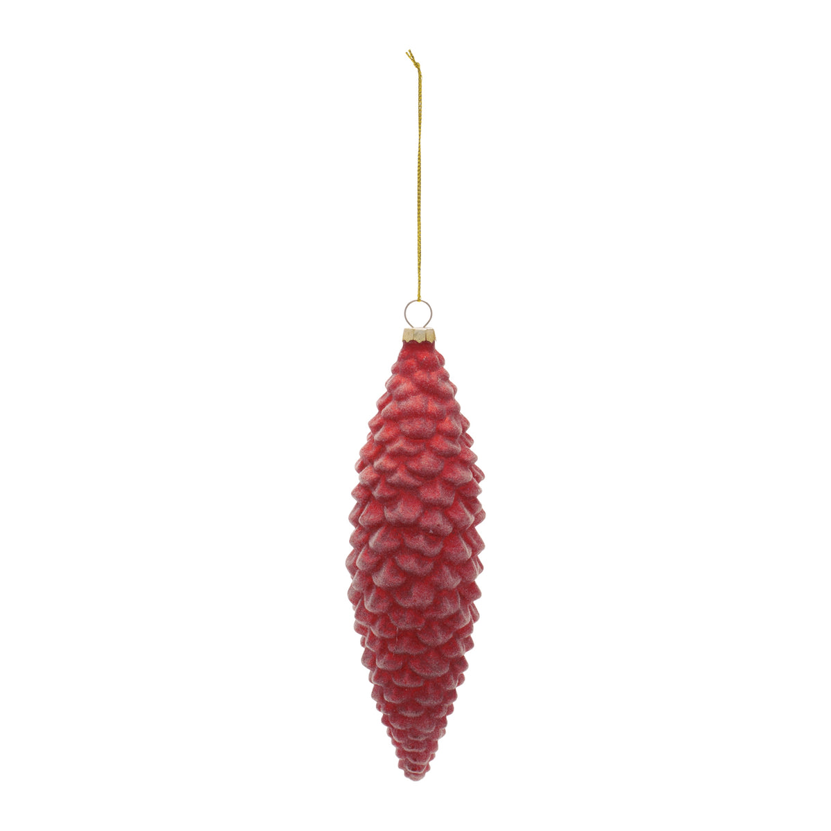 Red pine cone Christmas ornament with a textured surface and gold hanging string.