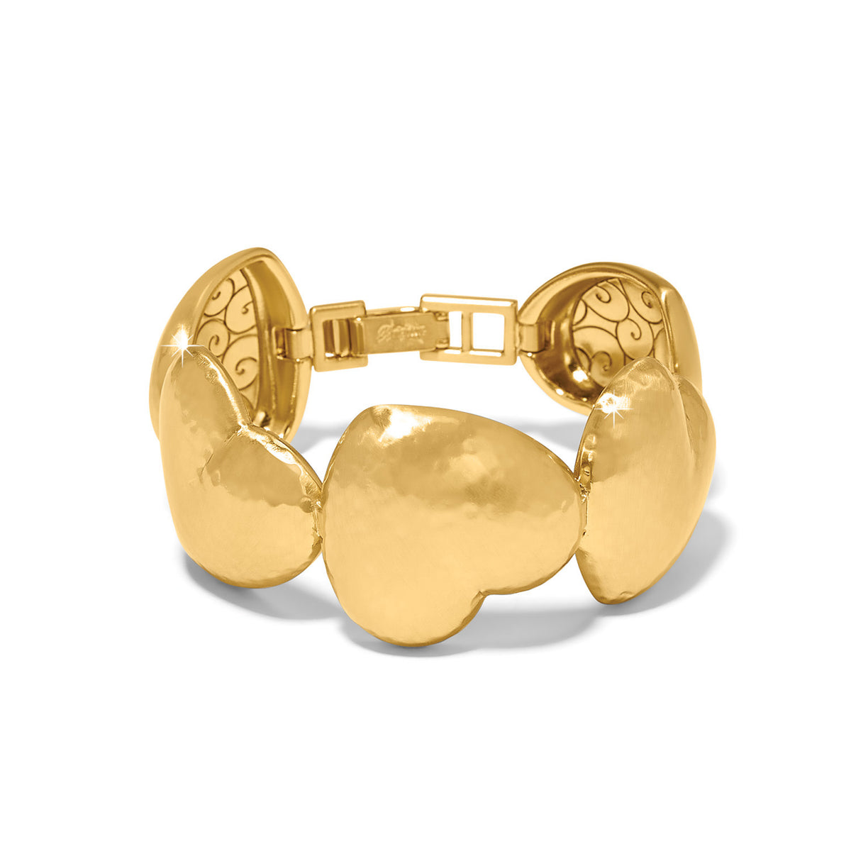 Gold hammered finish heart link bracelet with fold over clasp