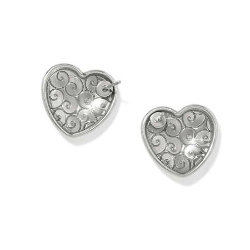 Silver plated post earrings with a hammered finish featuring an asymmetrical heart-shaped drop.
