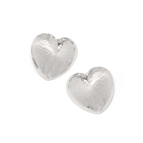 Silver plated post earrings with a hammered finish featuring an asymmetrical heart-shaped silhouette.