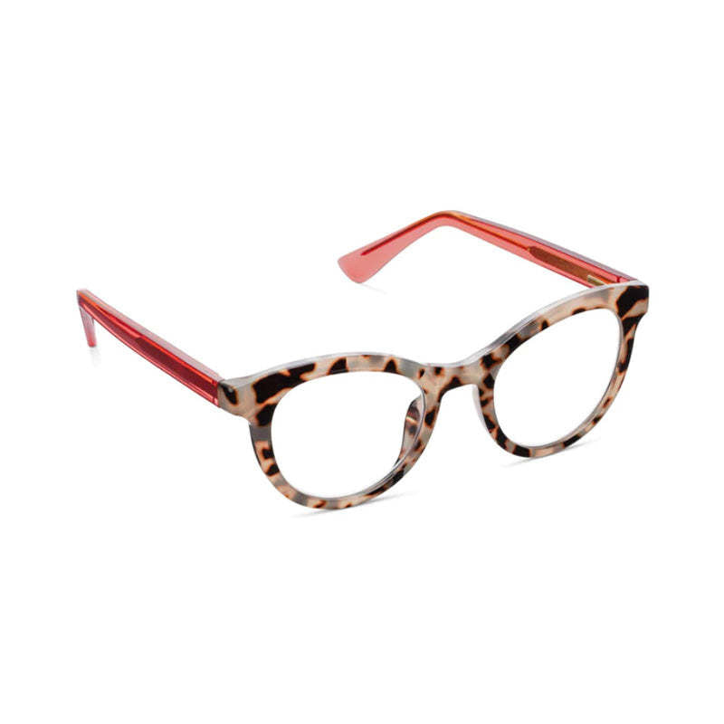 Tribeca eyeglasses with gray tortoise frame featuring a patterned cat-eye silhouette and coral-colored temples.