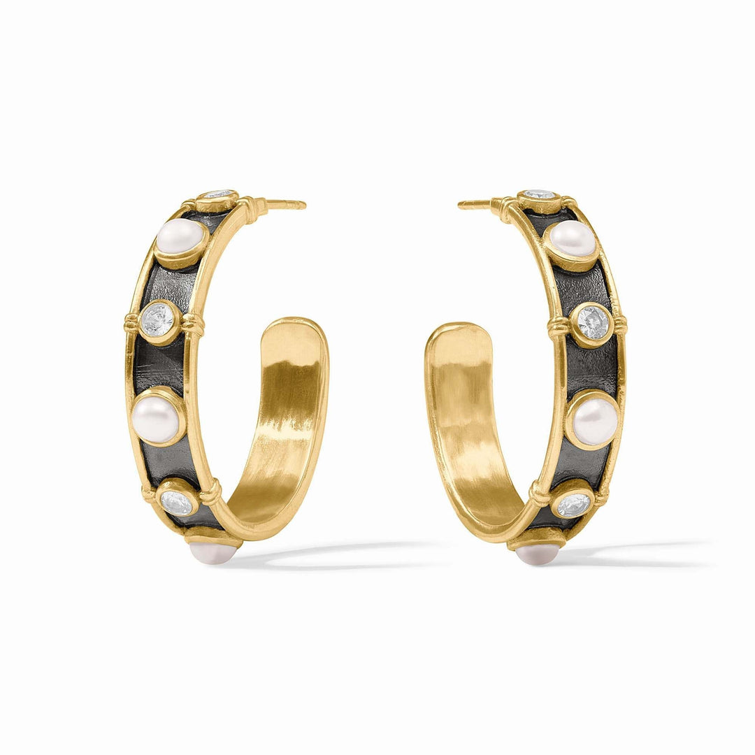 Medium-sized Tribeca hoop earring with a shell pearl accent on 24K gold-plated metal.