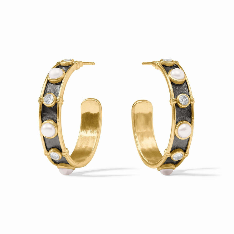 Medium-sized Tribeca hoop earring with a shell pearl accent on 24K gold-plated metal.