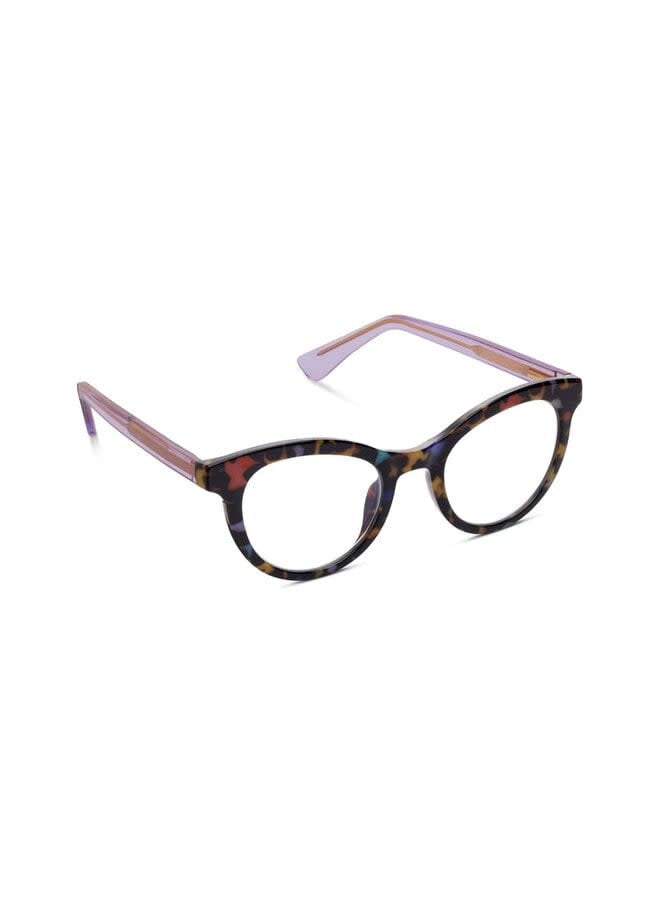 Tribeca eyeglasses with tortoise shell frames featuring a patterned cat-eye silhouette and purple lens peepers.