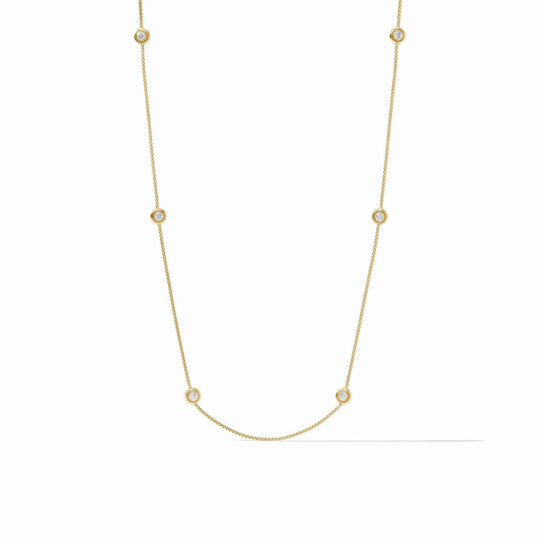 Gold plated Tribeca Station necklace with cubic zirconia stones on a chain.