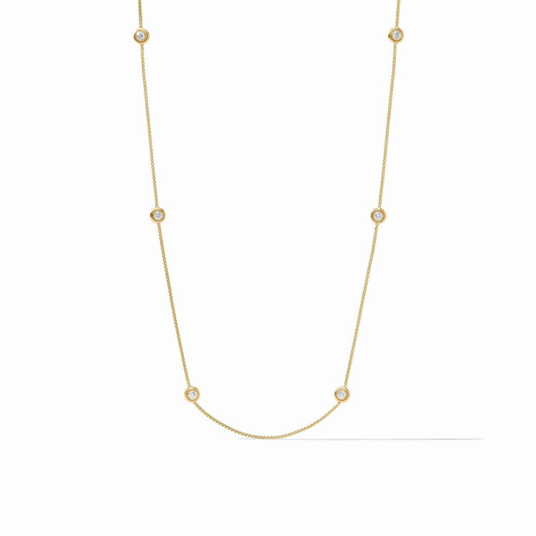Gold plated Tribeca Station necklace with cubic zirconia stones on a chain.