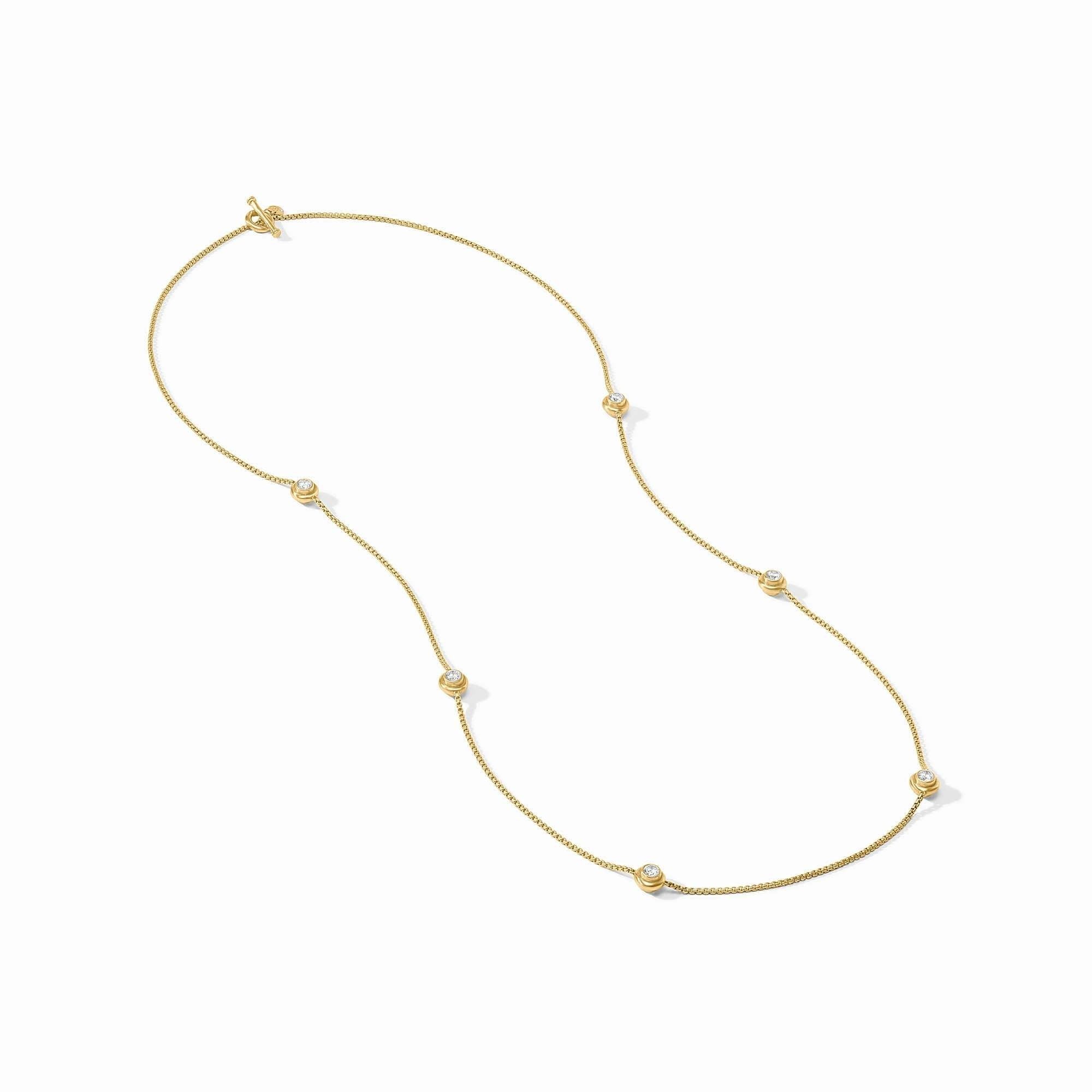 Tribeca Station necklace in gold plate with clear cubic zirconia stones on a chain.