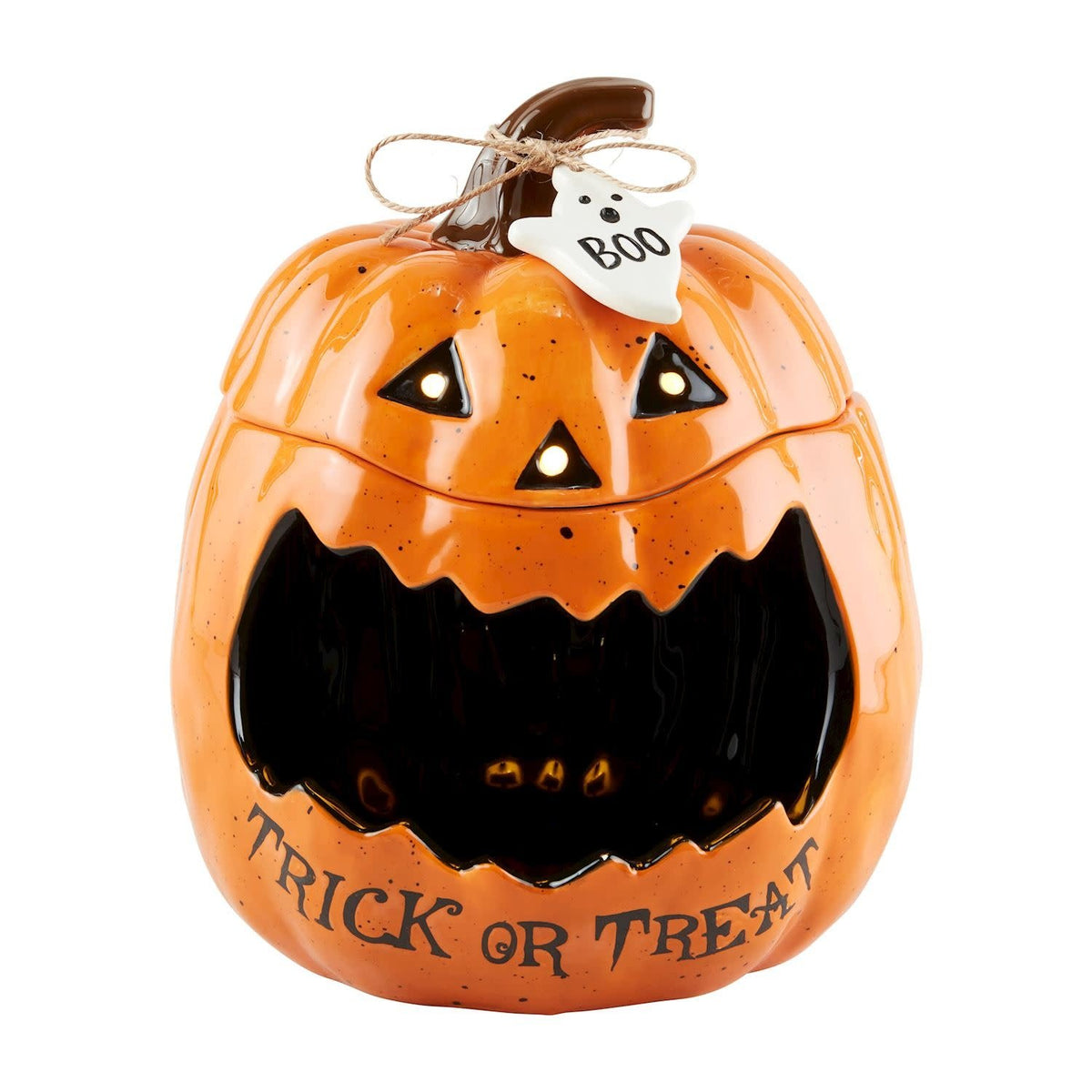 Hand-painted speckle ceramic Jack-O-Lantern candy container with open mouth silhouette and motion sensor LED lights.