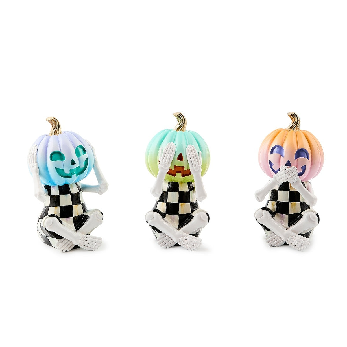 Handmade resin skeleton figure in orange pumpkin costume with black accents.