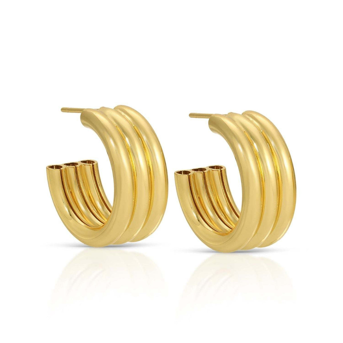 Triple hollow tube hoop earrings in brass with three interconnected hoops