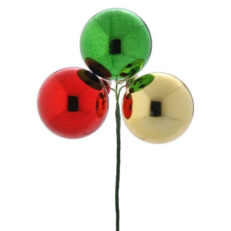 Triple vacuum plate ball pick with three red, green, and gold metallic spheres on a black stem.