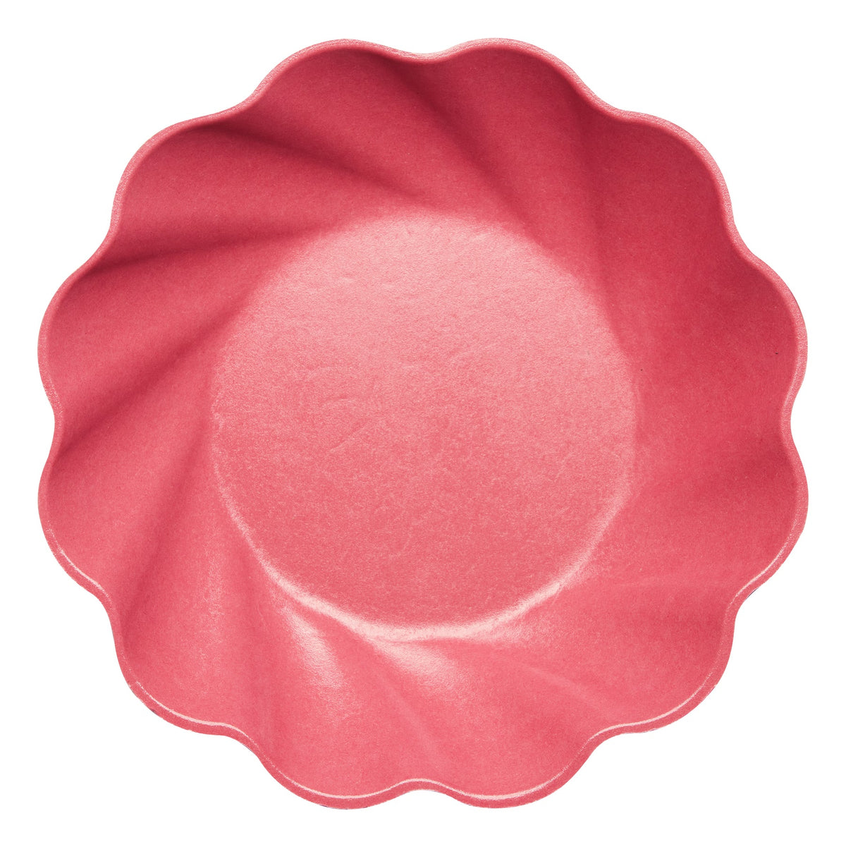 Top view of a pink scalloped eco-friendly bamboo fiber salad plate with a spiral texture.