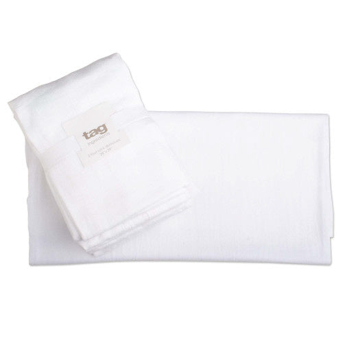 Set of white 100% cotton flour sack dishtowels, folded with a tag label.
