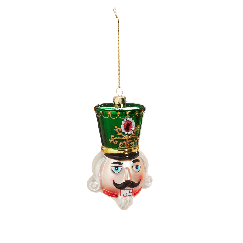 4.75-inch glass nutcracker head ornament with a green hat, gold accents, and a red gem.