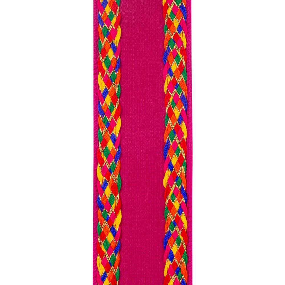 Fuchsia polyester wired edge ribbon with multi-color braid pattern
