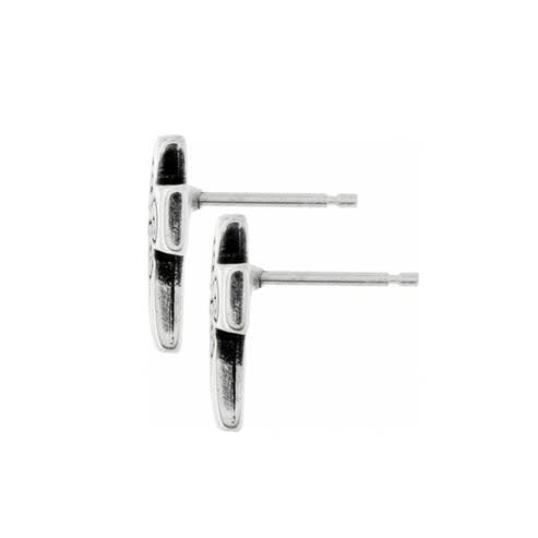 Silver plated mini post earrings featuring intertwined vine patterns on a cross silhouette.