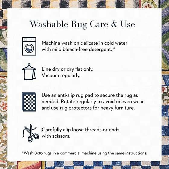 Care instructions for a Truly Royal Check washable rug, featuring washing and maintenance tips.