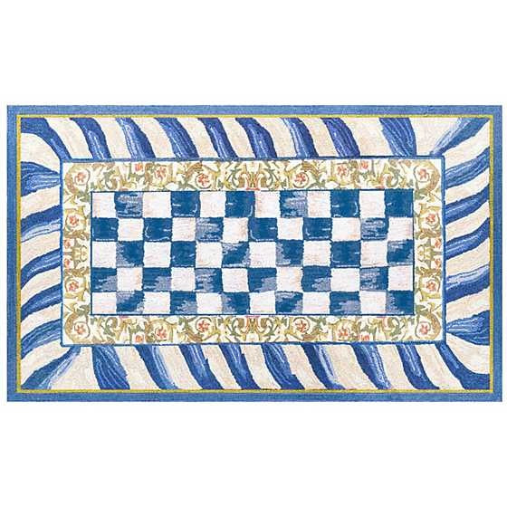3x5 rectangular washable rug with blue and white checkered center, floral border, and striped edge.