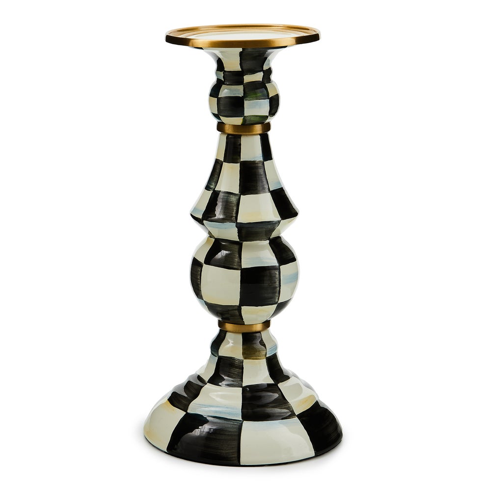 Large Courtly Check enamel pillar candlestick with hand-painted black and white checks and brass rim.