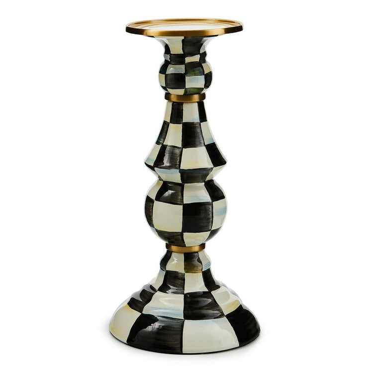 Large Courtly Check enamel pillar candlestick with hand-painted black and white checks and brass rim.
