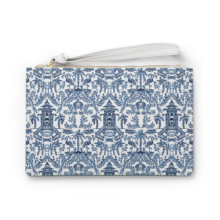White and blue Mahjong Card Pouch with a pagoda and flamingo pattern and a white wrist strap.