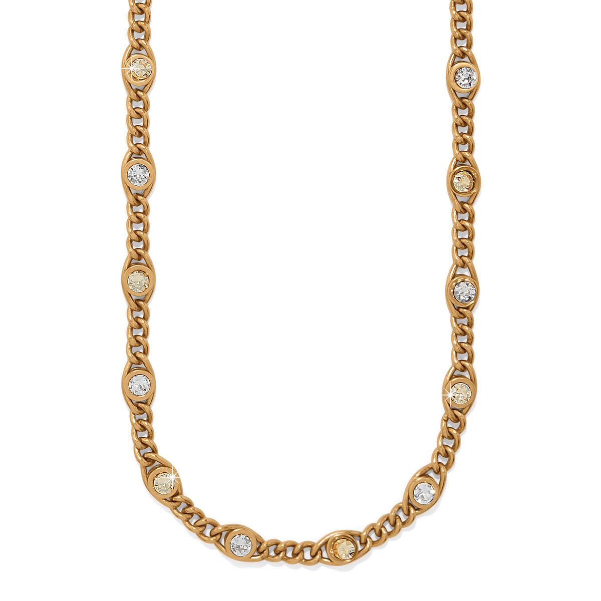 Gold plated necklace with fine quality crystals on a fold-over clasp chain.