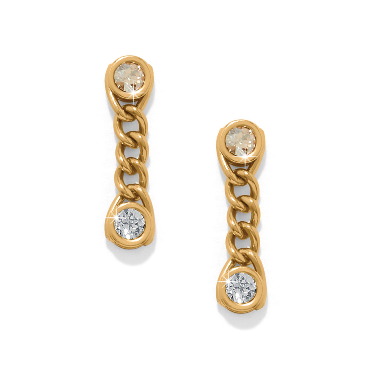 Gold plated post drop earrings featuring fine quality crystals on a flat disc back.