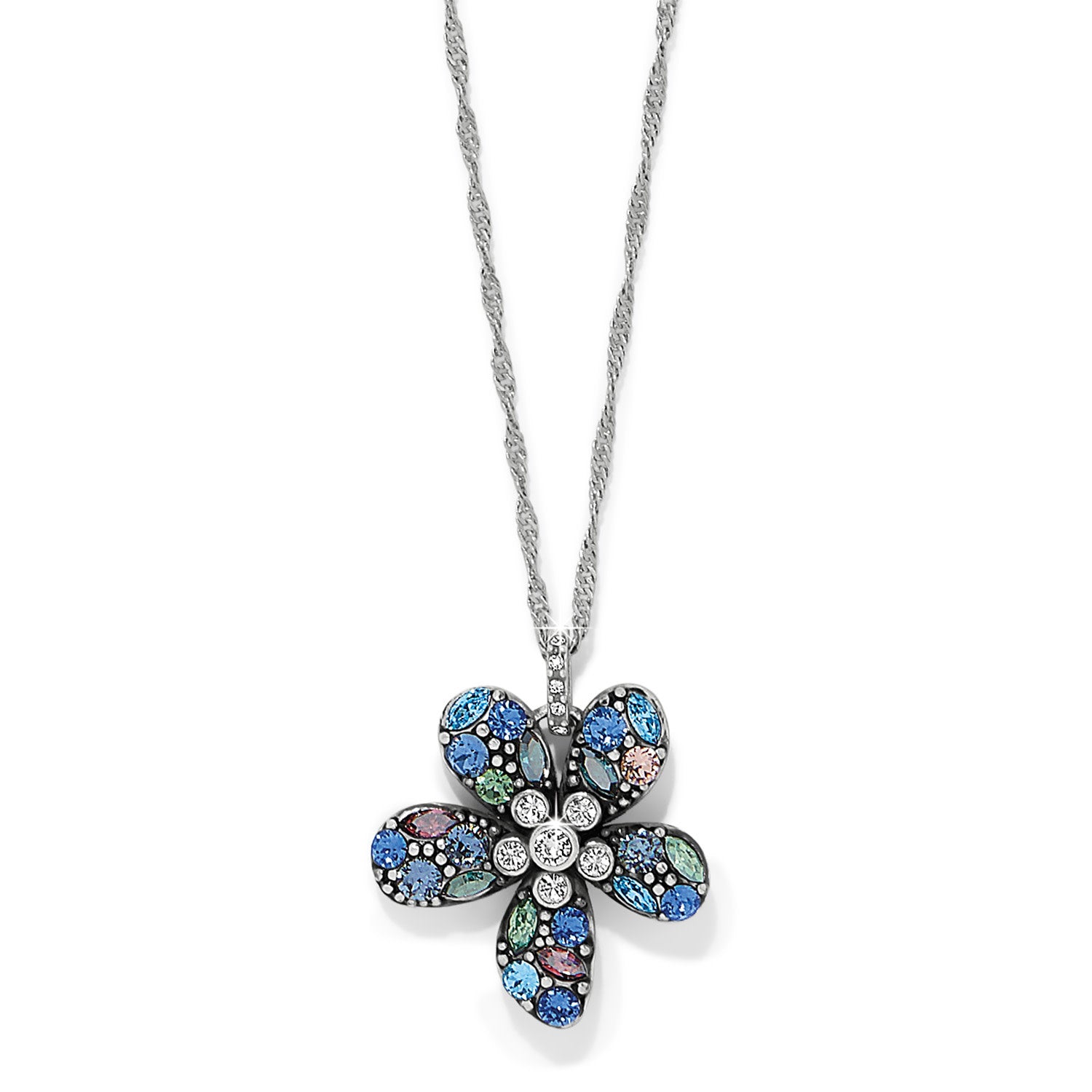 Silver-plated adjustable flower necklace with blue crystal petals on a silver chain.
