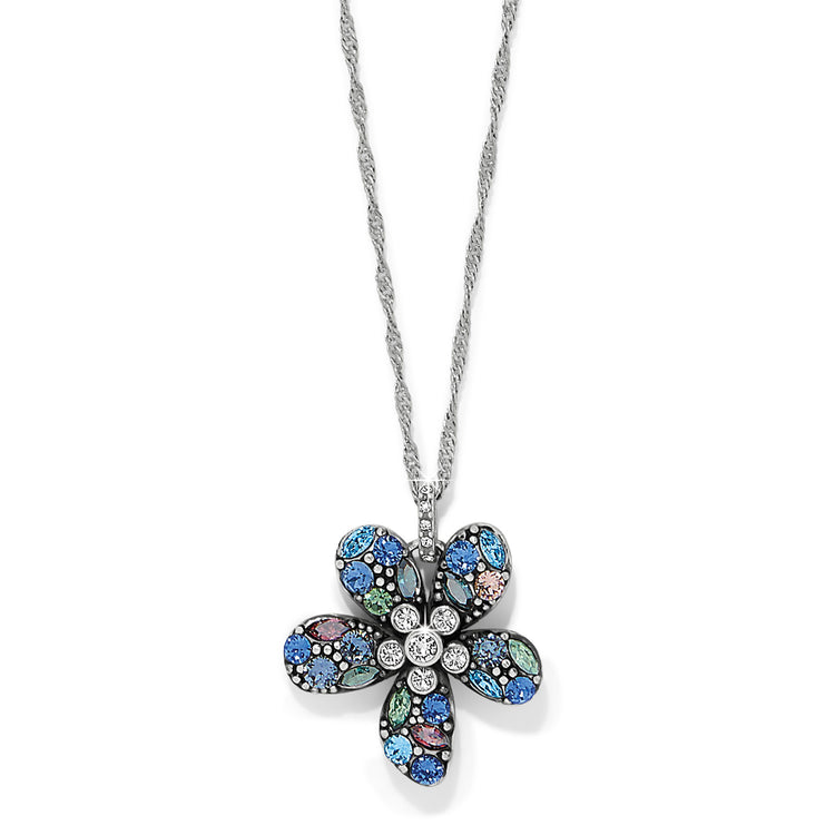 Silver-plated adjustable flower necklace with blue crystal petals on a silver chain.