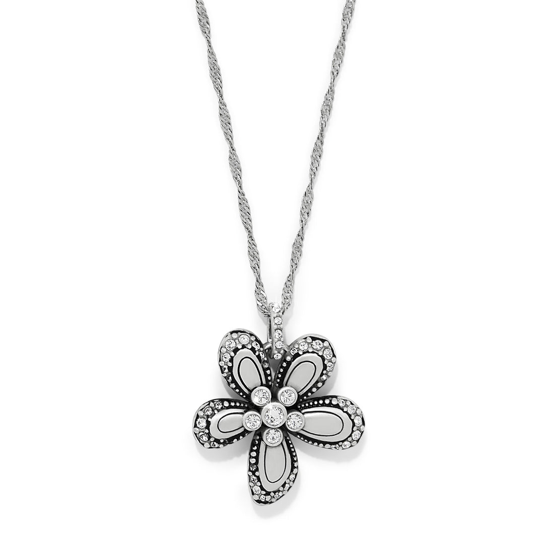 Silver-plated adjustable flower necklace with blue crystal petals on a silver chain.