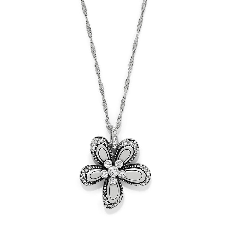 Silver-plated adjustable flower necklace with blue crystal petals on a silver chain.